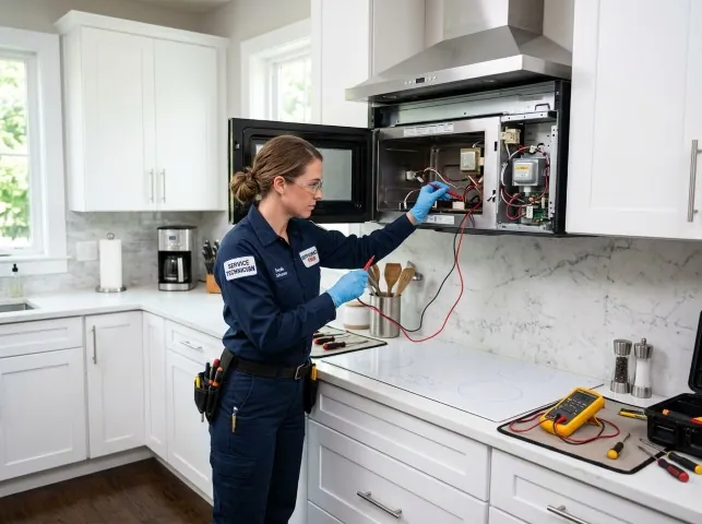Appliance Repair Hero technician testing an over-the-range microwave in a Bay Saint Louis, MS kitchen